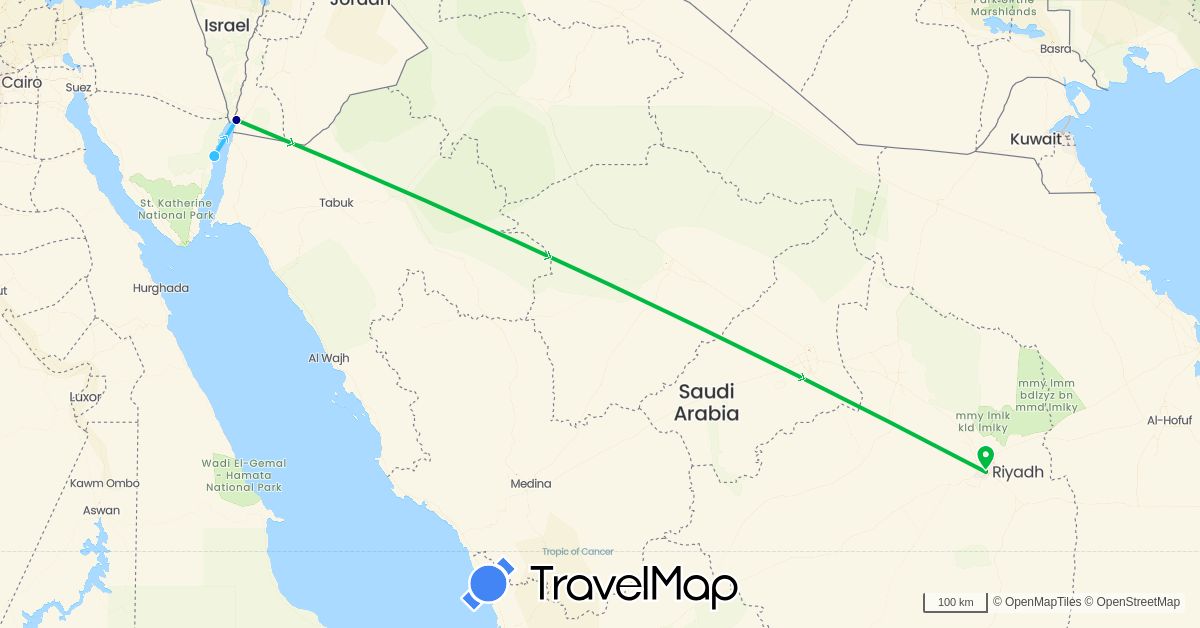 TravelMap itinerary: driving, bus, boat in Egypt, Jordan, Saudi Arabia (Africa, Asia)